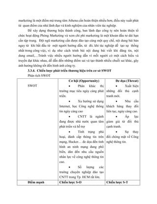 marketing là một điểm mà trung tâm Athena cần hoàn thiện nhiều hơn, điều này xuất phát
từ quan điểm của nhà lãnh đạo và kinh nghiệm của nhân viên tác nghiệp.
Để xây dựng thương hiệu thành công, ban lãnh đạo công ty nên hoàn thiện tổ
chức hoạt động Phòng Marketing và xem chi phí marketing là một khoản đầu tư dài hạn
cần tập trung. Đội ngũ marketing cần được đào tạo cùng một quy chế, nội dung bài bản
ngay từ khi bắt đầu từ một người hướng dẫn, từ đó, khi tác nghiệp dễ tạo sự thống
nhất trong công việc, ví dụ như cách trình bài nội dung bài viết khi đăng tin, nội
dung email,…Tránh việc nhiều người hướng dẫn vì mỗi người có một cách hiểu và
truyền đạt khác nhau, dễ dẫn đến những điểm sai và tạo thành nhiều chuỗi sai khác, gây
ảnh hưởng không tốt đến hình ảnh công ty.
3.3.4. Chiến lược phát triển thương hiệu trên cơ sở SWOT
Phân tích SWOT
SWOT
Cơ hội (Opportunity)
 Phân khúc thị
trường mục tiêu ngày càng phát
triển.
 Xu hướng sử dụng
Internet, học Công nghệ thông
tin ngày càng cao
 CNTT là ngành
đang được nhà nước quan tâm
phát triển và hỗ trợ
 Tình trạng phá
hoại, đánh cắp thông tin trên
mạng, Hacker… đe dọa đến tình
hình an ninh mạng đang phổ
biến, dân đến nhu cầu nguồn
nhân lực về công nghệ thông tin
cao.
 Số lượng các
trường chuyên nghiệp đào tạo
CNTT trong Tp. HCM rất lớn.
Đe dọa (Threat)
 Xuất hiện
những đối thủ cạnh
tranh mới.
 Nhu cầu
khách hàng thay đổi
liên tục, ngày càng cao.
 Áp lực
giảm giá từ đối thủ
cạnh tranh.
 Sự thay
đổi chóng mặt về Công
nghệ thông tin.
Điểm mạnh Chiến lược S-O Chiến lược S-T
 