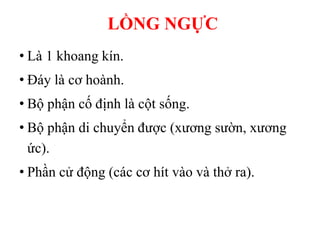 • Là 1 khoang kín.
• Đáy là cơ hoành.
• Bộ phận cố định là cột sống.
• Bộ phận di chuyển đƣợc (xƣơng sƣờn, xƣơng
ức).
• Phần cử động (các cơ hít vào và thở ra).
LỒNG NGỰC
 