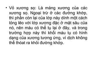 • Vỏ xương sọ: Là màng xương của các
  xương sọ. Ngoại trừ ở các đường khớp,
  thì phần còn lại của lớp này dính một cách
  lỏng lẽo với lớp xương đặc ở mặt sâu của
  nó, nên máu có thể tụ lại ở đây, và trong
  trường hợp này thì khối máu tụ có hình
  dạng của xương tương ứng, vì dịch không
  thể thóat ra khỏi đường khớp.
 