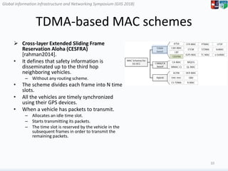 Global Information Infrastructure and Networking Symposium (GIIS 2018)Global Information Infrastructure and Networking Symposium (GIIS 2018)
TDMA-based MAC schemes
 Cross-layer Extended Sliding Frame
Reservation Aloha (CESFRA)
[rahman2014].
• It defines that safety information is
disseminated up to the third hop
neighboring vehicles.
– Without any routing scheme.
• The scheme divides each frame into N time
slots.
• All the vehicles are timely synchronized
using their GPS devices.
• When a vehicle has packets to transmit.
– Allocates an idle time slot.
– Starts transmitting its packets.
– The time slot is reserved by the vehicle in the
subsequent frames in order to transmit the
remaining packets.
10
 