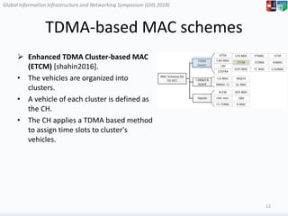 Global Information Infrastructure and Networking Symposium (GIIS 2018)Global Information Infrastructure and Networking Symposium (GIIS 2018)
TDMA-based MAC schemes
 Enhanced TDMA Cluster-based MAC
(ETCM) [shahin2016].
• The vehicles are organized into
clusters.
• A vehicle of each cluster is defined as
the CH.
• The CH applies a TDMA based method
to assign time slots to cluster's
vehicles.
12
 