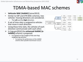Global Information Infrastructure and Networking Symposium (GIIS 2018)Global Information Infrastructure and Networking Symposium (GIIS 2018)
TDMA-based MAC schemes
• Vehicular MAC (VeMAC) [omar2013].
• Similar to CBT and CFR-MAC schemes, two
vehicles' moving directions are considered.
– The Left and the Right direction.
• A set of time slots is assigned to vehicles
that move in each direction.
• Using these time slots, the vehicles of each
direction communicate with each other.
 In [nguyen2014] the enhanced-VeMAC (e-
VeMAC) scheme is proposed.
– It is based on the insight of the one-hop
neighboring vehicles.
• To improve the performance of the VeMAC
scheme when parallel transmission occurs.
15
 