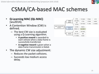 Global Information Infrastructure and Networking Symposium (GIIS 2018)Global Information Infrastructure and Networking Symposium (GIIS 2018)
CSMA/CA-based MAC schemes
• Q-Learning MAC (QL-MAC)
[wu2014].
• A Contention Window (CW) is
defined.
– The best CW size is evaluated
using a Q-Learning algorithm.
• A positive reward is awarded to
each vehicle when a data frame is
successfully transferred.
• A negative reward is given when a
data frame transmission is failed.
• The dynamic CW size adjustment:
– Reduces the packet collisions.
– Succeeds low medium access
delay.
20
 
