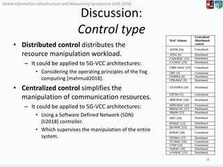 Global Information Infrastructure and Networking Symposium (GIIS 2018)Global Information Infrastructure and Networking Symposium (GIIS 2018)
Discussion:
Control type
• Distributed control distributes the
resource manipulation workload.
– It could be applied to 5G-VCC architectures:
• Considering the operating principles of the Fog
computing [mahmud2018].
• Centralized control simplifies the
manipulation of communication resources.
– It could be applied to 5G-VCC architectures:
• Using a Software Defined Network (SDN)
[li2018] controller.
• Which supervises the manipulation of the entire
system.
28
 