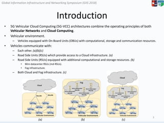 Global Information Infrastructure and Networking Symposium (GIIS 2018)Global Information Infrastructure and Networking Symposium (GIIS 2018)
Introduction
• 5G Vehicular Cloud Computing (5G-VCC) architectures combine the operating principles of both
Vehicular Networks and Cloud Computing.
• Vehicular environment.
– Vehicles equipped with On-Board Units (OBUs) with computational, storage and communication resources.
• Vehicles communicate with:
– Each other. (a)(b)(c)
– Road Side Units (RSUs) which provide access to a Cloud infrastructure. (a)
– Road Side Units (RSUs) equipped with additional computational and storage resources. (b)
• Mini-datacenter RSUs (md-RSUs).
• Fog infrastructure.
– Both Cloud and Fog infrastructure. (c)
3
(a) (b) (c)
 