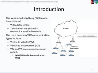 Global Information Infrastructure and Networking Symposium (GIIS 2018)Global Information Infrastructure and Networking Symposium (GIIS 2018)
Introduction
• The Vehicle to Everything (V2X) model
is considered.
– V stands for vehicle.
– X determines the entity that
communicates with the vehicle.
• The most common V2X communication
types include:
– Vehicle to Vehicle (V2V).
– Vehicle to Infrastructure (V2I).
– V2V and V2I communications could
coexist.
• Hybrid Vehicular Communication
(HVC).
4
 