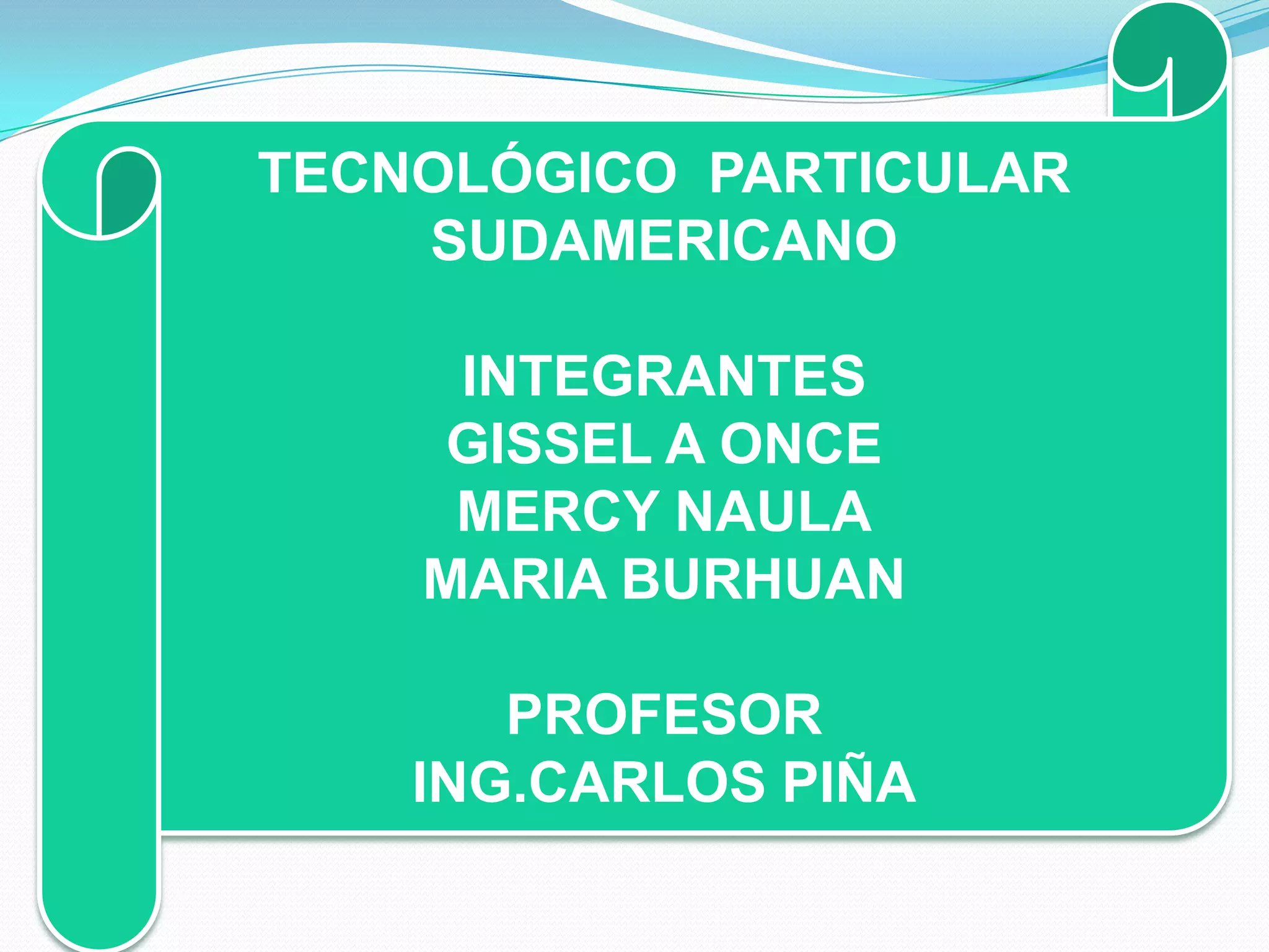 TECNOLÓGICO PARTICULAR SUDAMERICANOINTEGRANTESGISSEL A ONCEMERCY NAULAMARIA BURHUANPROFESORING.CARLOS PIÑA