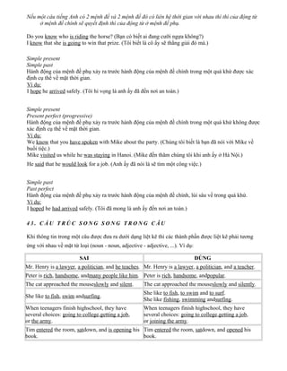 Nếu một câu tiếng Anh có 2 mệnh đề và 2 mệnh đề đó có liên hệ thời gian với nhau thì thì của động từ
ở mệnh đề chính sẽ quyết định thì của động từ ở mệnh đề phụ.
Do you know who is riding the horse? (Bạn có biết ai đang cưỡi ngựa không?)
I know that she is going to win that prize. (Tôi biết là cô ấy sẽ thắng giải đó mà.)
Simple present
Simple past
Hành động của mệnh đề phụ xảy ra trước hành động của mệnh đề chính trong một quá khứ được xác
định cụ thể về mặt thời gian.
Ví dụ:
I hope he arrived safely. (Tôi hi vọng là anh ấy đã đến nơi an toàn.)
Simple present
Present perfect (progressive)
Hành động của mệnh đề phụ xảy ra trước hành động của mệnh đề chính trong một quá khứ không được
xác định cụ thể về mặt thời gian.
Ví dụ:
We know that you have spoken with Mike about the party. (Chúng tôi biết là bạn đã nói với Mike về
buổi tiệc.)
Mike visited us while he was staying in Hanoi. (Mike đến thăm chúng tôi khi anh ấy ở Hà Nội.)
He said that he would look for a job. (Anh ấy đã nói là sẽ tìm một công việc.)
Simple past
Past perfect
Hành động của mệnh đề phụ xảy ra trước hành động của mệnh đề chính, lùi sâu về trong quá khứ.
Ví dụ:
I hoped he had arrived safely. (Tôi đã mong là anh ấy đến nơi an toàn.)
43. CẤU TRÚC SONG SONG TRONG CÂU
Khi thông tin trong một câu được đưa ra dưới dạng liệt kê thì các thành phần được liệt kê phải tương
ứng với nhau về mặt từ loại (noun - noun, adjective - adjective, ...). Ví dụ:
SAI

ĐÚNG

Mr. Henry is a lawyer, a politician, and he teaches. Mr. Henry is a lawyer, a politician, and a teacher.
Peter is rich, handsome, andmany people like him. Peter is rich, handsome, andpopular.
The cat approached the mouseslowly and silent.

The cat approached the mouseslowly and silently.

She like to fish, swim andsurfing.

She like to fish, to swim and to surf.
She like fishing, swimming andsurfing.

When teenagers finish highschool, they have
several choices: going to college,getting a job,
or the army.

When teenagers finish highschool, they have
several choices: going to college,getting a job,
or joining the army.

Tim entered the room, satdown, and is opening his Tim entered the room, satdown, and opened his
book.
book.

 