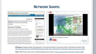 PEW Report: Mapping Twitter Topic Networks: From Polarized Crowds to Community Clusters. PEW Research Report 2014:
http://www.pewinternet.org/2014/02/20/mapping-twitter-topic-networks-from-polarized-crowds-to-community-clusters/
NETWORK SHAPES
Video: SMRF Director Marc Smith | Network Mapping the Ecosystem: https://www.youtube.com/watch?v=kDiGl-2m868
 