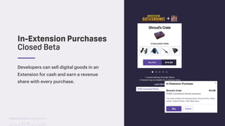 TwitchCon 2018 San Jose, California
Developers can sell digital goods in an
Extension for cash and earn a revenue
share with every purchase.
In-Extension Purchases
Closed Beta
 