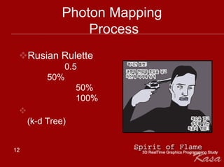 Photon Mapping
                  Process
     Rusian Rulette
             0.5
          50%
                50%
                100%

     (k-d Tree)


12
 