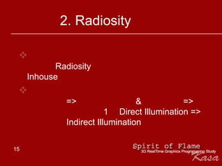 2. Radiosity


           Radiosity
     Inhouse

              =>                  &           =>
                          1 Direct Illumination =>
              Indirect Illumination

15
 