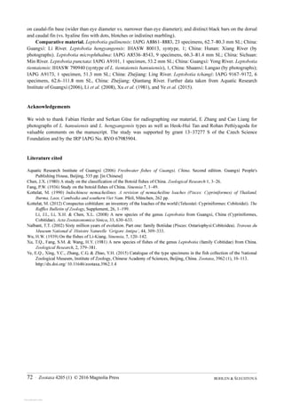 BOHLEN & ŠLECHTOVÁ
72 · Zootaxa 4205 (1) © 2016 Magnolia Press
on caudal-fin base (wider than eye diameter vs. narrower than eye diameter); and distinct black bars on the dorsal
and caudal fin (vs. hyaline fins with dots, blotches or indistinct marbling).
Comparative material. Leptobotia guilinensis: IAPG A8861‒8883, 23 specimens, 62.7‒80.3 mm SL; China:
Guangxi: Li River. Leptobotia hengyangensis: IHASW 80013, syntype, 1; China: Hunan: Xiang River (by
photographs). Leptobotia microphthalma: IAPG A8536‒8543, 9 specimens, 66.3‒81.4 mm SL; China: Sichuan:
Min River. Leptobotia punctata: IAPG A9101, 1 specimen, 53.2 mm SL; China: Guangxi: Yong River. Leptobotia
tientaiensis: IHASW 790940 (syntype of L. tientaiensis hansuiensis), 1, China: Shaanxi: Langao (by photographs);
IAPG A9173, 1 specimen, 51.3 mm SL; China: Zhejiang: Ling River. Leptobotia tchangi: IAPG 9167‒9172, 6
specimens, 62.6‒111.8 mm SL, China: Zhejiang: Qiantang River. Further data taken from Aquatic Research
Institute of Guangxi (2006), Li et al. (2008), Xu et al. (1981), and Ye et al. (2015).
Acknowledgements
We wish to thank Fabian Herder and Serkan Güse for radiographing our material, E Zhang and Cao Liang for
photographs of L. hansuiensis and L. hengyangensis types as well as Heok-Hui Tan and Rohan Pethiyagoda for
valuable comments on the manuscript. The study was supported by grant 13‒37277 S of the Czech Science
Foundation and by the IRP IAPG No. RVO 67985904.
Literature cited
Aquatic Research Institute of Guangxi (2006) Freshwater fishes of Guangxi, China. Second edition. Guangxi People's
Publishing House, Beijing, 535 pp. [in Chinese]
Chen, J.X. (1980) A study on the classification of the Botoid fishes of China. Zoological Research 1, 3‒26.
Fang, P.W. (1936) Study on the botoid fishes of China. Sinensia 7, 1‒49.
Kottelat, M. (1990) Indochinese nemacheilines. A revision of nemacheiline loaches (Pisces: Cypriniformes) of Thailand,
Burma, Laos, Cambodia and southern Viet Nam. Pfeil, München, 262 pp.
Kottelat, M. (2012) Conspectus cobitidum: an inventory of the loaches of the world (Teleostei: Cypriniformes: Cobitoidei). The
Raffles Bulletin of Zoology, Supplement, 26, 1‒199.
Li, J.I., Li, X.H. & Chen, X.L. (2008) A new species of the genus Leptobotia from Guangxi, China (Cypriniformes,
Cobitidae). Acta Zootaxonomica Sinica, 33, 630‒633.
Nalbant, T.T. (2002) Sixty million years of evolution. Part one: family Botiidae (Pisces: Ostariophysi:Cobitoidea). Traveux du
Museum National d’ Histoire Naturelle ‘Grigore Antipa’, 44, 309‒333.
Wu, H.W. (1939) On the fishes of Li-Kiang. Sinensia, 7, 120‒142.
Xu, T.Q., Fang, S.M. & Wang, H.Y. (1981) A new species of fishes of the genus Leptobotia (family Cobitidae) from China.
Zoological Research, 2, 379‒381.
Ye, E.Q., Xing, Y.C., Zhang, C.G. & Zhao, Y.H. (2015) Catalogue of the type specimens in the fish collection of the National
Zoological Museum, Institute of Zoology, Chinese Academy of Sciences, Beijing, China. Zootaxa, 3962 (1), 10‒113.
http://dx.doi.org/ 10.11646/zootaxa.3962.1.4
View publication stats
View publication stats
 