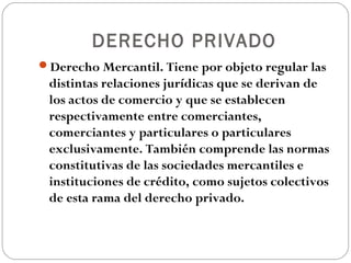 DERECHO PRIVADO
Derecho Mercantil. Tiene por objeto regular las
 distintas relaciones jurídicas que se derivan de
 los actos de comercio y que se establecen
 respectivamente entre comerciantes,
 comerciantes y particulares o particulares
 exclusivamente. También comprende las normas
 constitutivas de las sociedades mercantiles e
 instituciones de crédito, como sujetos colectivos
 de esta rama del derecho privado.
 