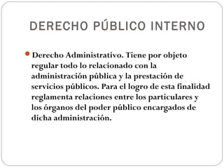 DERECHO PÚBLICO INTERNO

Derecho Administrativo. Tiene por objeto
 regular todo lo relacionado con la
 administración pública y la prestación de
 servicios públicos. Para el logro de esta finalidad
 reglamenta relaciones entre los particulares y
 los órganos del poder público encargados de
 dicha administración.
 