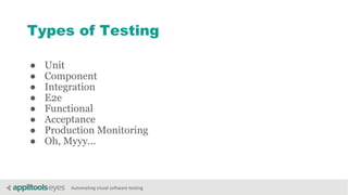 Automating visual software testing
Types of Testing
● Unit
● Component
● Integration
● E2e
● Functional
● Acceptance
● Production Monitoring
● Oh, Myyy...
 