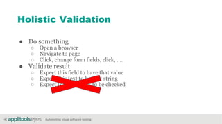 Automating visual software testing
Holistic Validation
● Do something
○ Open a browser
○ Navigate to page
○ Click, change form fields, click, ....
● Validate result
○ Expect this field to have that value
○ Expect this text to be that string
○ Expect this checkbox to be checked
 