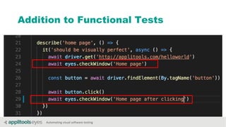Automating visual software testing
Addition to Functional Tests
 