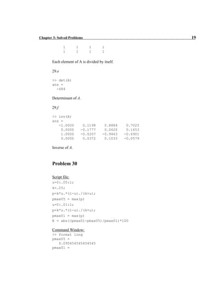 Chapter 3: Solved Problems 19
1 1 1 1
1 1 1 1
Each element of A is divided by itself.
29.e
>> det(A)
ans =
-484
Determinant of A.
29.f
>> inv(A)
ans =
-1.0000 0.1198 0.8884 0.7025
0.0000 -0.1777 0.0620 0.1653
1.0000 -0.0207 -0.9463 -0.6901
0.0000 0.0372 0.1033 -0.0579
Inverse of A.
Problem 30
Script file:
u=0:.05:1;
k=.25;
p=k*u.*(1-u)./(k+u);
pmax05 = max(p)
u=0:.01:1;
p=k*u.*(1-u)./(k+u);
pmax01 = max(p)
E = abs((pmax01-pmax05)/pmax01)*100
Command Window:
>> format long
pmax05 =
0.095454545454545
pmax01 =
 