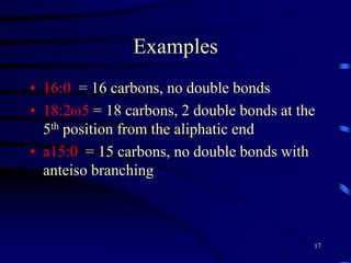 15PLFA AnalysisDistribution of lipids can be very species specific. Bacteria typically contain odd chain and branched fatty acids as well as cyclopropane and α- or β- derivativesConsequently, profiles based on the composition of phospholipid-linked fatty acids (PLFA) can be used to indicate community structure of bacteria and eucarya but not archaea (because they do NOT have fatty acids in their phospholipids). 