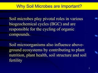 3Why Soil Microbes are Important? Soil microbes play pivotal roles in various biogeochemical cycles (BGC) and are responsible for the cycling of organic compounds. Soil microorganisms also influence above-ground ecosystems by contributing to plant nutrition, plant health, soil structure and soil fertility