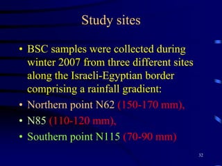 25Example 1Patchiness of microbial community structure in Negev desert soils Question:Does the vegetation patchiness in desert landscapes is also being reflected in the microbial community structure of two sites from two climatic zones in the Negev, Israel?