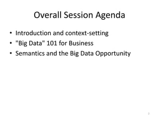 Overall Session Agenda
• Introduction and context-setting
• "Big Data" 101 for Business
• Semantics and the Big Data Opportunity




                                           2
 