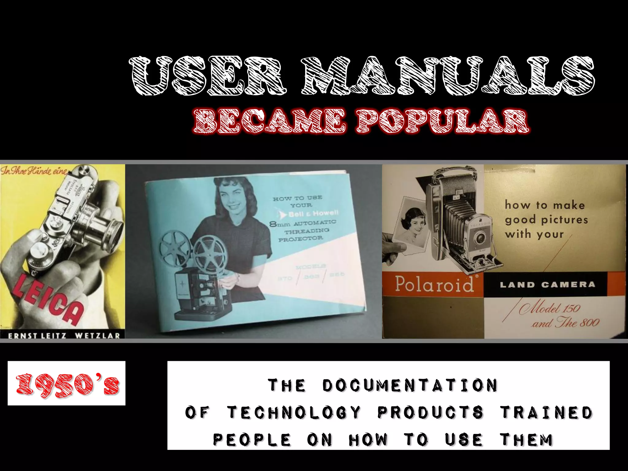 USER MANUALS
          BECAME POPULAR




1950’s          the documentation
          of technology products trained
            people on how to use them
 