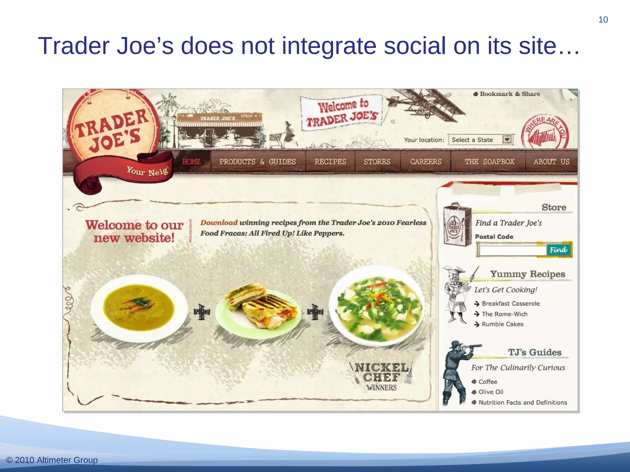 © 2010 Altimeter Group
Trader Joe’s does not integrate social on its site…
10
 