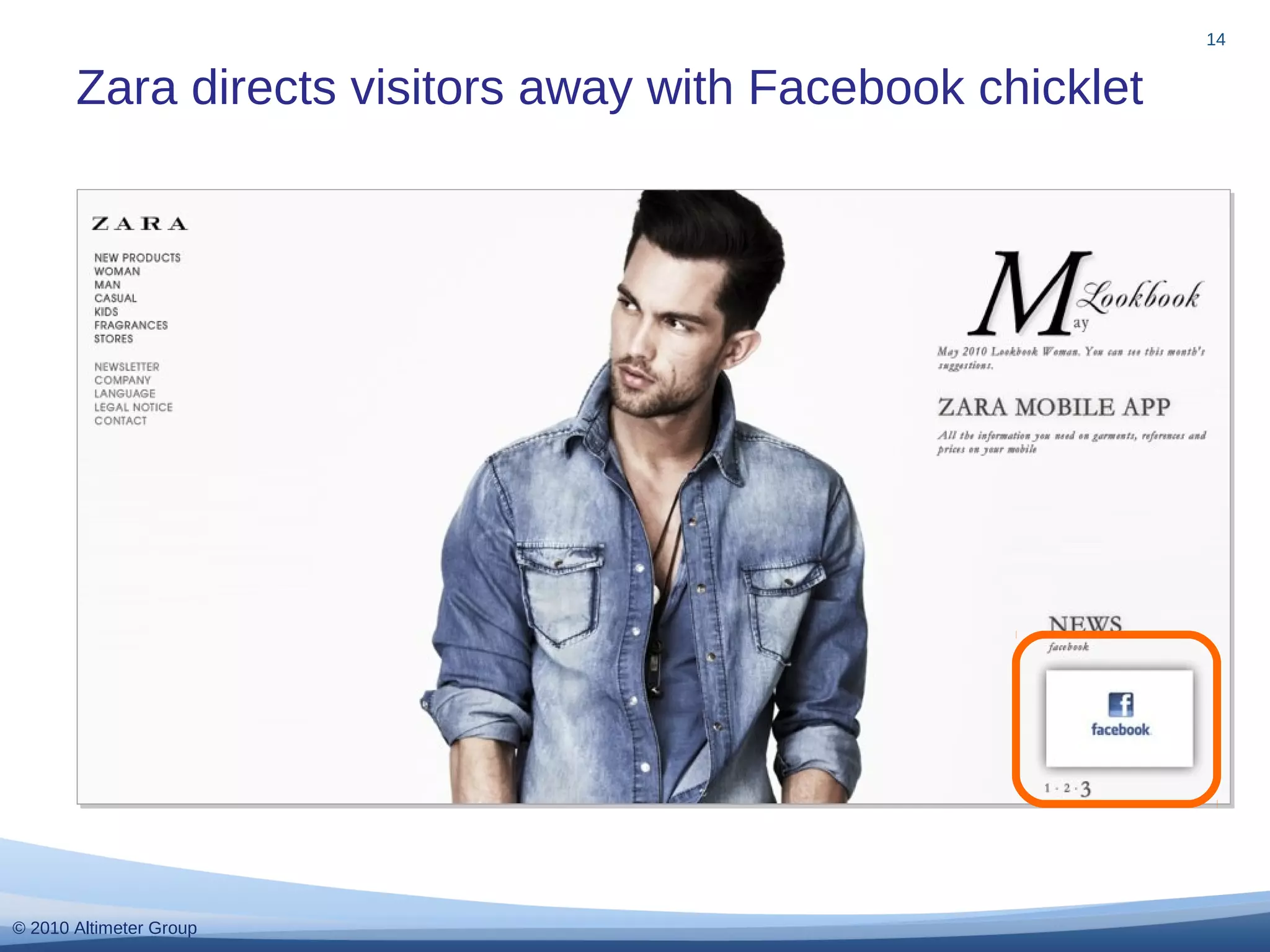 © 2010 Altimeter Group
Zara directs visitors away with Facebook chicklet
14
 