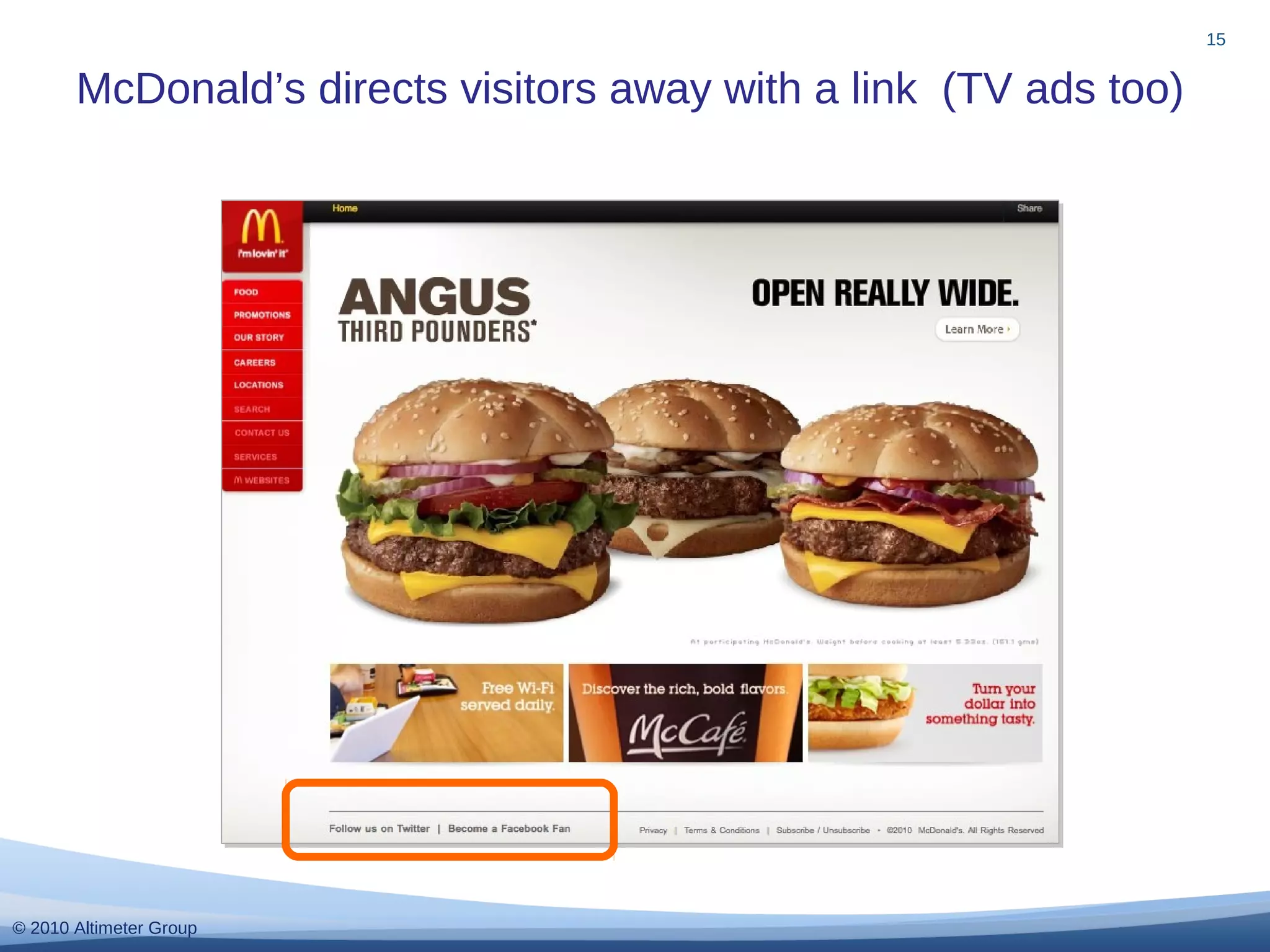 © 2010 Altimeter Group
McDonald’s directs visitors away with a link (TV ads too)
15
 