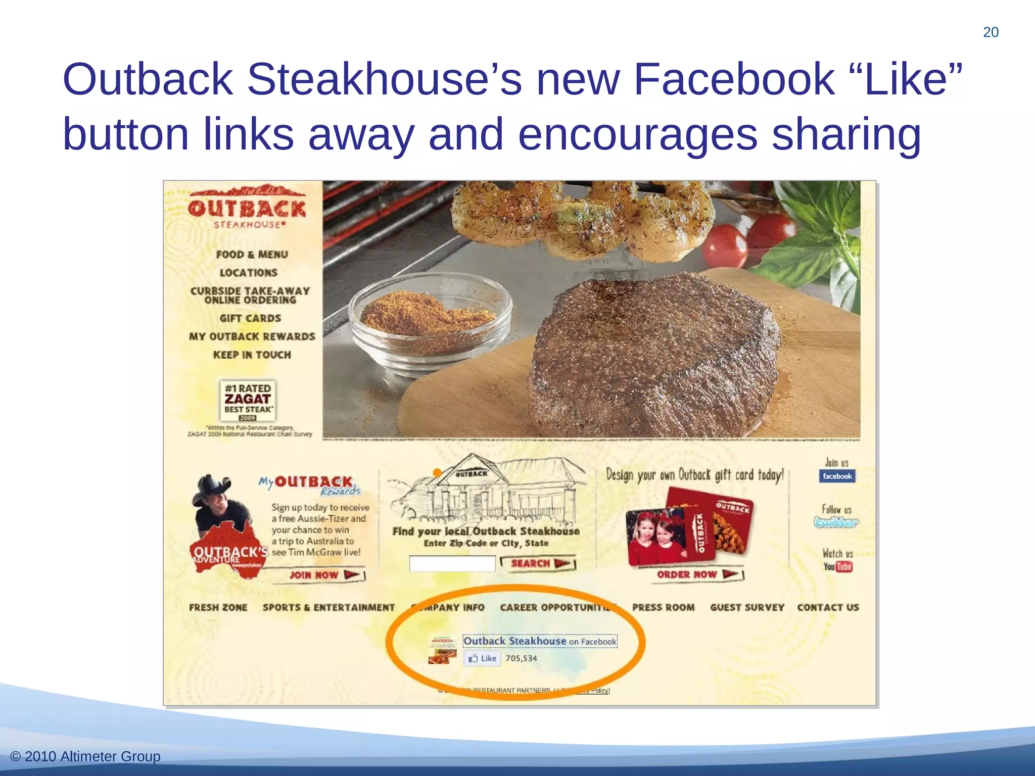 © 2010 Altimeter Group
Outback Steakhouse’s new Facebook “Like”
button links away and encourages sharing
20
 