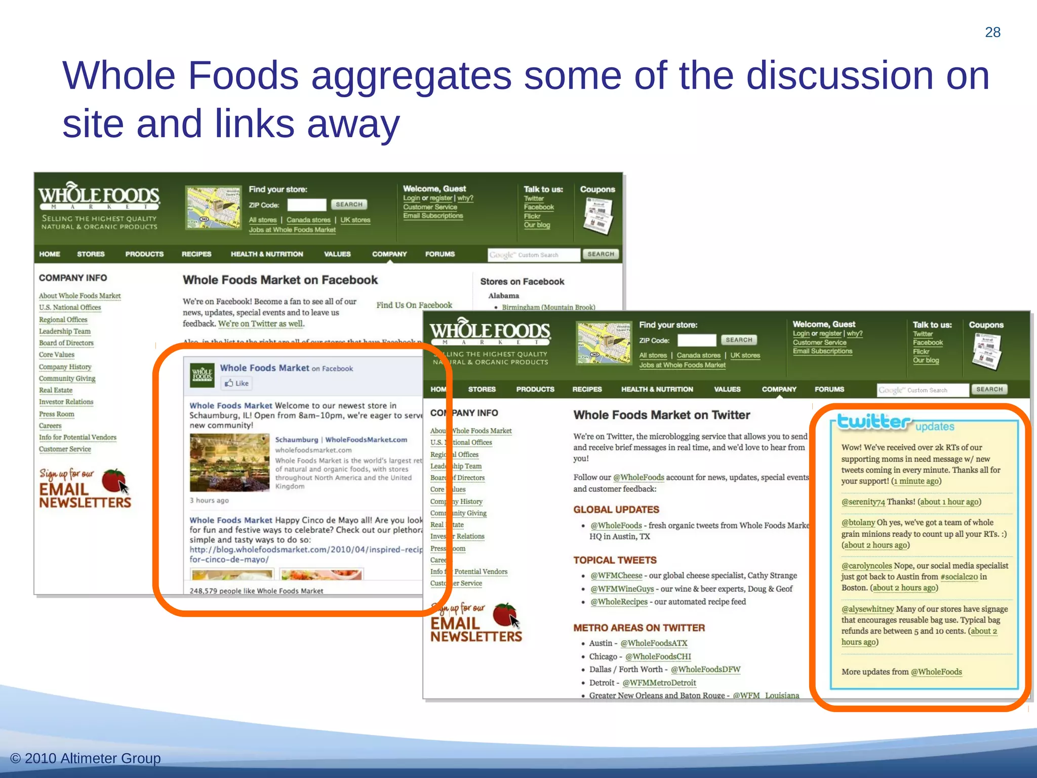 © 2010 Altimeter Group
Whole Foods aggregates some of the discussion on
site and links away
28
There are no links
directing visitors to
Tiffany’s official social
channels – a missed
opportunity.
There are no links
directing visitors to
Tiffany’s official social
channels – a missed
opportunity.
 
