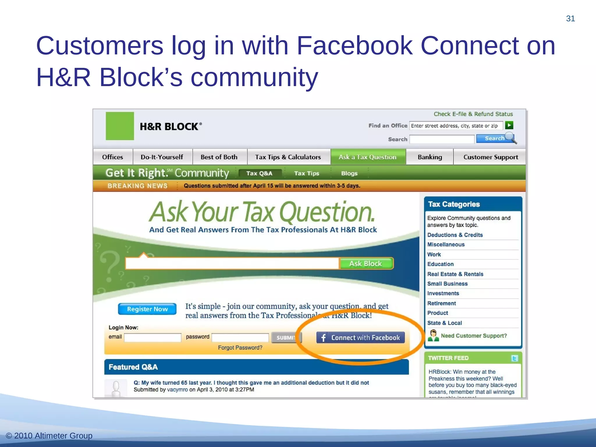 © 2010 Altimeter Group
Customers log in with Facebook Connect on
H&R Block’s community
31
 