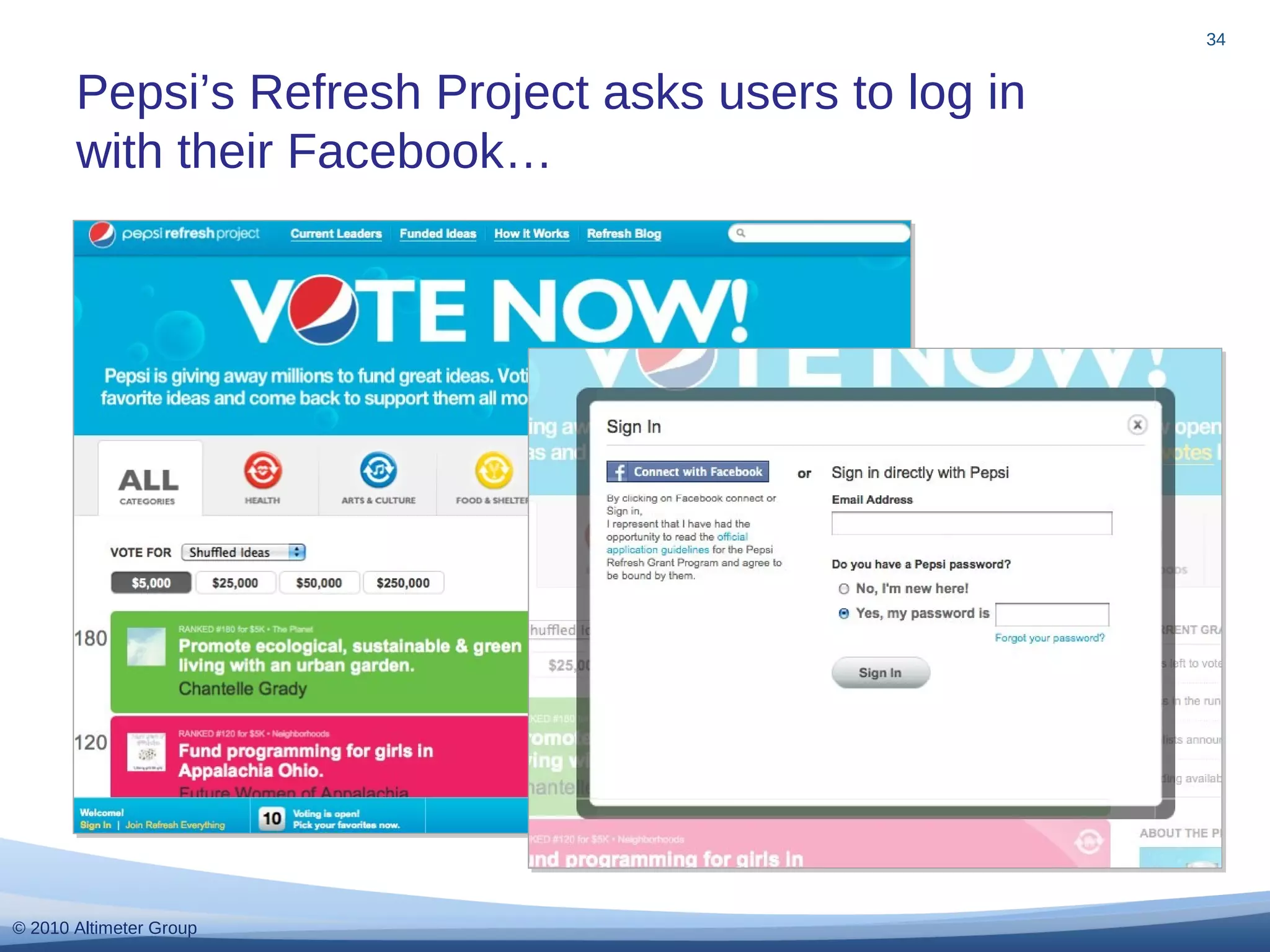 © 2010 Altimeter Group
Pepsi’s Refresh Project asks users to log in
with their Facebook…
34
 