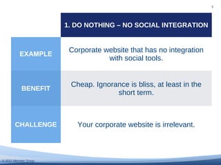 © 2010 Altimeter Group
9
1. DO NOTHING – NO SOCIAL INTEGRATION
EXAMPLE
Corporate website that has no integration
with soci...