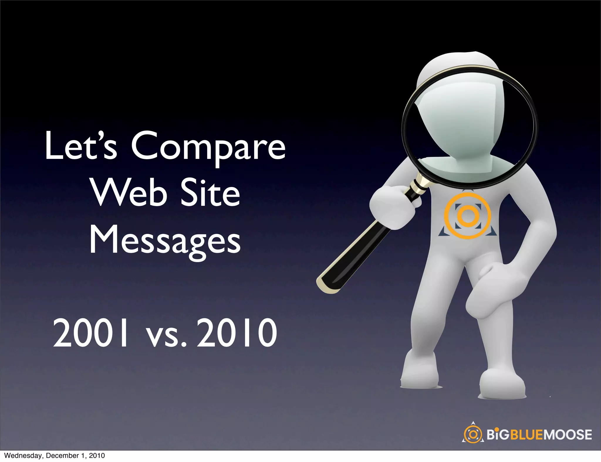 Let’s Compare
            Web Site
            Messages

            2001 vs. 2010

Wednesday, December 1, 2010
 