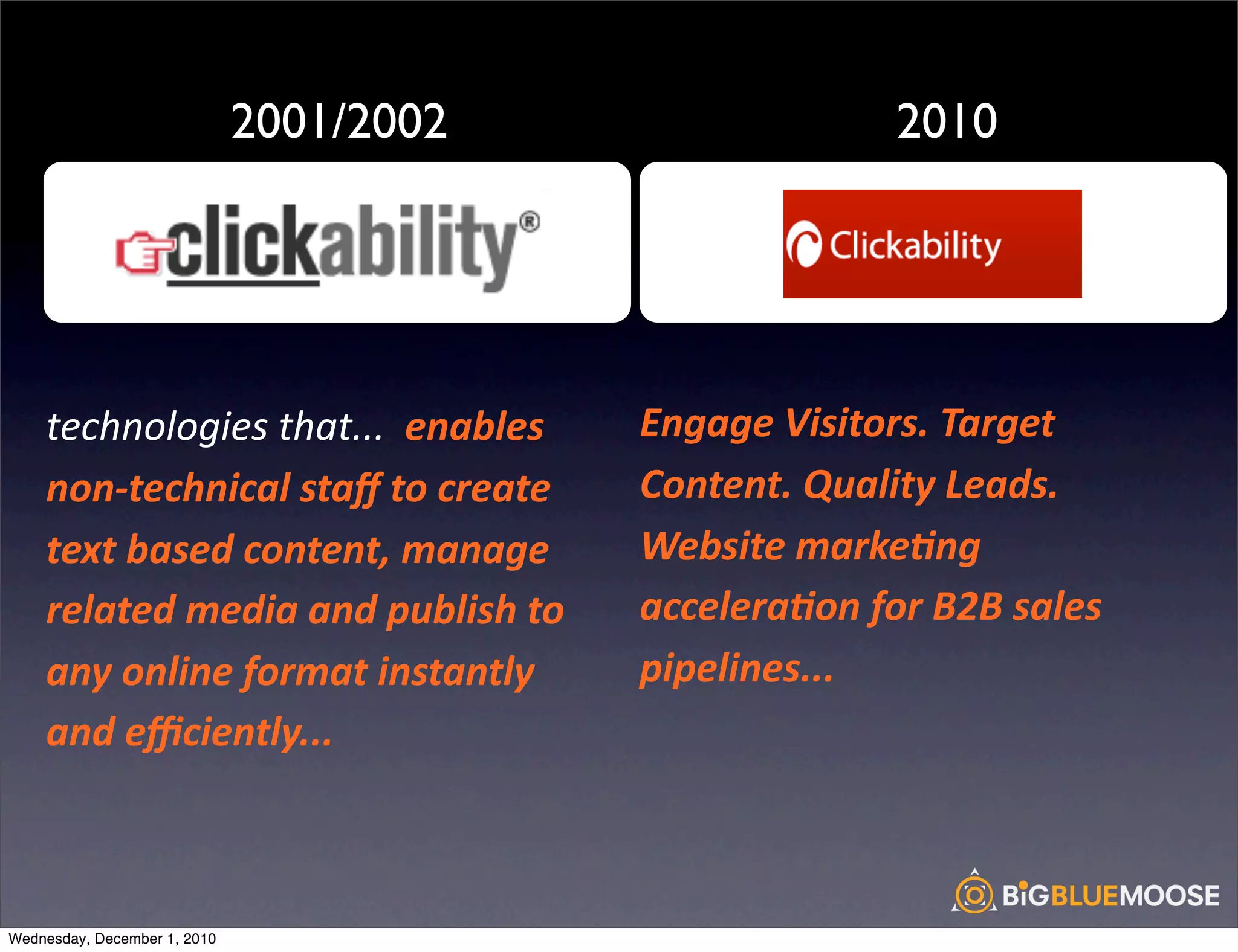 2001/2002                                2010


                                              !                                       !



    technologies	
  that...	
  	
  enables	
       Engage	
  Visitors.	
  Target	
  
    non-­‐technical	
  staﬀ	
  to	
  create	
      Content.	
  Quality	
  Leads.	
  
    text	
  based	
  content,	
  manage	
          Website	
  marke:ng	
  
    related	
  media	
  and	
  publish	
  to	
     accelera:on	
  for	
  B2B	
  sales	
  
    any	
  online	
  format	
  instantly	
         pipelines...
    and	
  eﬃciently...



Wednesday, December 1, 2010
 
