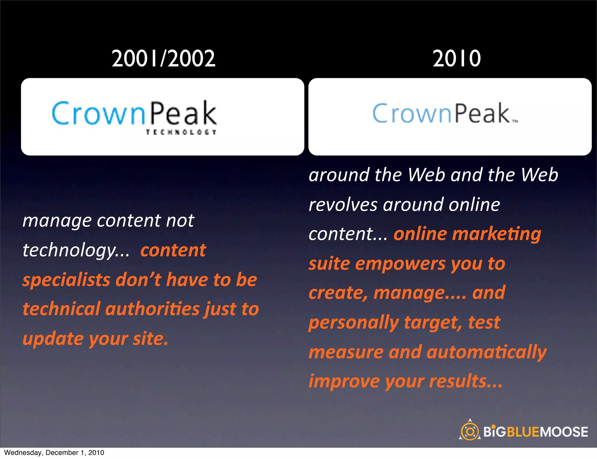 2001/2002                                 2010

                                                                                         !
                                          !
                                                   Online	
  marke<ng	
  revolves	
  
                                                   around	
  the	
  Web	
  and	
  the	
  Web	
  
                                                   revolves	
  around	
  online	
  
    manage	
  content	
  not	
  
                                                   content...	
  online	
  marke:ng	
  
    technology...	
  	
  content	
  
                                                   suite	
  empowers	
  you	
  to	
  
    specialists	
  don’t	
  have	
  to	
  be	
  
                                                   create,	
  manage....	
  and	
  
    technical	
  authori:es	
  just	
  to	
  
                                                   personally	
  target,	
  test	
  
    update	
  your	
  site.	
  
                                                   measure	
  and	
  automa:cally	
  
                                                   improve	
  your	
  results...


Wednesday, December 1, 2010
 