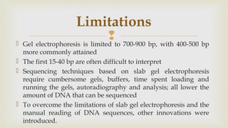  Gel electrophoresis is limited to 700-900 bp, with 400-500 bp
more commonly attained
 The first 15-40 bp are often difficult to interpret
 Sequencing techniques based on slab gel electrophoresis
require cumbersome gels, buffers, time spent loading and
running the gels, autoradiography and analysis; all lower the
amount of DNA that can be sequenced
 To overcome the limitations of slab gel electrophoresis and the
manual reading of DNA sequences, other innovations were
introduced.
Limitations
 