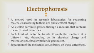 
 A method used in research laboratories for separating
molecules according to their size and electrical charge.
 An electric current is passed through a medium that contains
the mixture of molecules.
 Each kind of molecule travels through the medium at a
different rate, depending on its electrical charge and
molecular size. Smaller molecule goes faster.
 Separation of the molecules occurs based on these differences.
Electrophoresis
 