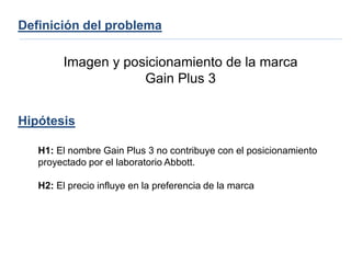 Definición del problema

        Imagen y posicionamiento de la marca
                    Gain Plus 3


Hipótesis

   H1: El nombre Gain Plus 3 no contribuye con el posicionamiento
   proyectado por el laboratorio Abbott.

   H2: El precio influye en la preferencia de la marca
 