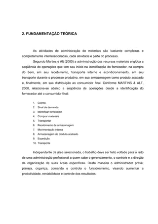16



2. FUNDAMENTAÇÃO TEÓRICA



        As atividades de administração de materiais são bastante complexas e
completamente interrelacionadas, cada atividade é parte do processo.
        Segundo Martins e Alt (2000) a administração dos recursos materiais engloba a
seqüência de operações que tem seu início na identificação do fornecedor, na compra
do bem, em seu recebimento, transporte interno e acondicionamento, em seu
transporte durante o processo produtivo, em sua armazenagem como produto acabado
e, finalmente, em sua distribuição ao consumidor final. Conforme MARTINS & ALT,
2000, relaciona-se abaixo a seqüência de operações desde a identificação do
fornecedor até o consumidor final:

        1. Cliente.
        2. Sinal de demanda
        3. Identificar fornecedor
        4. Comprar materiais
        5. Transportar
        6. Recebimento de armazenagem
        7. Movimentação interna
        8. Armazenagem do produto acabado
        9. Expedição
        10. Transporte


        Independente da área selecionada, o trabalho deve ser feito voltado para o lado
de uma administração profissional a quem cabe o gerenciamento, o controle e a direção
da organização de suas áreas específicas. Desta maneira o administrador prevê,
planeja, organiza, comanda e controla o funcionamento, visando aumentar a
produtividade, rentabilidade e controle dos resultados.
 