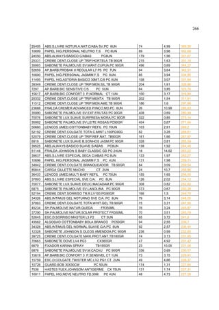 266



25405   ABS.S.LIVRE NOTUR.A.NAT.C/ABA SV.PC 8UN    74    4,99    369,26
10699   PAPEL HIG.PERSONAL NEUTRO F.S PC 8UN       89    3,96    352,68
24550   ABS.ALWAYS BASICO C/ABAS        PC8UN      179   1,96    351,67
25331   CREME DENT.CLOSE UP TRIP.HORTELA TB 90GR   215   1,63    351,16
35993   SABONETE PALMOLIVE SV.MANT.CUPUA.PC 90GR   496   0,69    344,27
52659   AP.BARB.PROBAK II REGULAR L7 P5 PC 7UN     94    3,64    342,31
16600   PAPEL HIG.PERSONAL JASMIM F.S PC 8UN       85    3,94    334,86
11495   PAPEL HIG.ASTORIA BASICO 30MT.C/8 PC 8UN   108   3,07    331,64
39349   CREME DENT.CLOSE UP TRIP.MEN.SIL.TB 90GR   204   1,61    328,96
7297    AP.BARB.BIC SENSITIVE C/5    PC 5UN        84    3,85    323,76
15617   AP.BARB.BIC CONFORT 3 P.NORMAL CT 1UN      100   3,17    316,84
25332   CREME DENT.CLOSE UP TRIP.MENTA TB 90GR     202   1,54    311,61
11512   CREME DENT.CLOSE UP TRIP.MEN.AME.TB 90GR   186   1,6     297,86
23688   FRALDA CREMER ADVANCED P/INCO.MD.PC 8UN    26    10,99   285,63
35990   SABONETE PALMOLIVE SV.EXT.FRUTAS PC 90GR   408   0,69    280,99
70076   SABONETE LUX SUAVE SURPRESA MORA.PC 90GR   322   0,85    273,14
35992   SABONETE PALMOLIVE SV.LEITE ROSAS PC90GR   404   0,67    271,94
50660   LENCOS UMED.COTTONBABY REFIL PC 70UN       103   2,61    269,2
52192   CREME DENT.COLGATE TOTA C.MINT L100PG90G   82    3,28    268,61
52079   CREME DENT.CLOSE UP TRIP.REF.NAT. TB90GR   161   1,66    267,97
6918    SABONETE LUX SUAVE B.SONHOS JASM.PC 90GR   328   0,81    265,59
39525   ABS.ALWAYS BASICO SUAVE S/ABAS PC8UN       138   1,92    264,46
51148   FRALDA JOHNSON S BABY CLASSIC GD PC 24UN   18    14,62   263,22
39637   ABS.S.LIVRE ESPECIAL SECA C/ABAS PC 8UN    133   1,97    262,27
10696   PAPEL HIG.PERSONAL JASMIM F.S PC 4UN       131   1,98    259,71
34842   CREME DENT.COLGATE BRANQUEADOR TB 90GR     84    3,09    259,54
85844   CARGA GILLETTE MACH3         CT 2UN        24    10,7    256,86
36433   LENCOS UMED.MULTI BABY REFIL PC 75UN       155   1,65    256,05
37893   ABS.S.LIVRE ESPECIAL SVE C/A. PC 8UN       126   2,02    254,12
70077   SABONETE LUX SUAVE DELIC.MACADAM.PC 90GR   308   0,82    252,82
6875    SABONETE PALMOLIVE SV.LANOLINA PC 90GR     373   0,67    250,28
52194   CREME DENT.SORRISO TR.R.LV100 PG90GR       166   1,5     249,78
34326   ABS.INTIMUS GEL NOTURNO SVE C/A. PC 8UN    79    3,14    248,05
37863   CREME DENT.COLGATE TOTA.WHIT.GEL TB 90GR   75    3,31    247,95
45234   SH.PALMOLIVE NATUR.QUEDA        FR350ML    76    3,24    245,87
37290   SH.PALMOLIVE NATUR.SOLAR PROTECT FR350ML   70    3,51    245,79
52645   ESC.D.SORRISO MASTER L3 P2      CT 3UN     65    3,72    241,8
43562   ALGODAO COTTONBABY BOLA BRANCO PC50GR      94    2,55    239,7
34328   ABS.INTIMUS GEL NORMAL SUAVE C/A.PC 8UN    92    2,57    236,44
12328   SABONETE JOHNSON S OLEOS AMENDOA.PC 90GR   236   0,99    232,65
39725   CREME DENT.COLGATE MAXI.PROT.ANT.TB180GR   74    3,13    231,85
70663   SABONETE DOVE LV4 PG3         CX360GR      47    4,92    231,42
6679    FIXADOR KARINA SPRAY         TB155GR       23    10,05   231,06
6876    SABONETE PALMOLIVE SV.M.CACAU PC 90GR      336   0,69    230,57
15619   AP.BARB.BIC CONFORT 3 P.SENSIVEL CT 1UN    73    3,15    229,91
15759   ESC.D.COLGATE TWISTER MC.LV2 PG1 CT 2UN    49    4,66    228,37
10726   GUARD.BOB 30X30CM           PC 50UN        174   1,31    227,65
7536    HASTES FLEX.JOHNSOM ANTIGERME CX 75UN      131   1,74    227,31
16911   PAPEL HIG.NEVE NEUTRO FD.30M. PC 4UN       48    4,73    227,28
 