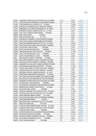 275



24693    SABONETE SENSUS SVE EXTR.ERV.DOC.PC 90GR      111   0,66    72,77
37324    COND.DARLING CERAMIDAS CAB.QUEBR FR350ML      15    4,85    72,75
71444    TINTURA BIOC.KIT LQ.PRETO 2.0 CX 40ML         7     10,39   72,75
42426    ENX.BUCAL SORRISO M.HIT L500P350 FR500ML      8     9,09    72,68
14774    SABONETE LUX FRESCOR IRRESISTIV. PC 90GR      61    1,19    72,62
75933    PRESERV.JONTEX LUBRIFICADO C/6 CT 6UN         16    4,53    72,54
23896    GEL FIX.DY FRANCE PERFUMADO       PT240GR     26    2,79    72,41
986001   DES.TABU SPRAY           FR 90ML              32    2,26    72,32
15074    ESC.D.COLGATE 360         CT 1UN              8     9,03    72,26
25218    ENX.BUCAL SORRISO F.HOR.L500P350 FR500ML      8     9,01    72,07
34254    GEL FIX.NY LOOKS LARA.BM.MEG.FIX.PT250GR      15    4,8     72,04
19573    FRALDA PAMPERS BASICA PCTAO XG. PC 28UN       3     23,92   71,76
37858    SH.ELSEVE ANTICASPA CAB.OLEOSOS FR250ML       9     7,95    71,51
15036    TALCO DRY TENYS P/PES        TB100GR          15    4,76    71,35
43060    LEITE HID.PAIXAO SEDUCAO      FR200ML         13    5,48    71,28
24086    DES.REXONA AER.F.INT.CRYSTAL TB105GR          6     11,86   71,15
43062    LEITE HID.PAIXAO ONLY YOU     FR200ML         13    5,47    71,08
7348     LEITE HID.MONANGE V.ATIVA     FR200ML         13    5,45    70,88
6281     DES.AVANCO SPRAY F ORIGINAL      FR 85ML      19    3,73    70,87
19980    GEL DENT.SORRISO FRE.2X1 M.ACERO.FR 90GR      37    1,91    70,55
36490    SH.SUAVE FRUVIT ENERGY C.NORMAL FR350ML       26    2,71    70,53
70080    SABONETE LUX SUAVE FLORES SURPRE.PC125GR      68    1,03    70,14
70674    DES.REXONA AER.SKIN NUTRITIVE TB105GR         6     11,65   69,87
17027    LOCAO HID.CORPO A CORPO NATURAL FR200ML       14    4,99    69,86
37300    COND.PALMOLIVE NAT.ANTI ARMADO FR350ML        15    4,65    69,74
7746     PRESERV.JONTEX LUBRIF.DE BOLSO CX 3UN         28    2,49    69,72
40134    ESPETINHO GABOARDI CHURRASCO PC100UN          28    2,49    69,72
41871    SH.TONAL.BIOCOLOR HOMEM CAST.MED.EB 30ML      5     13,94   69,68
70367    SH.FRUCTIS OLEO REPARAC.EXT.NUTR.FR300ML      16    4,35    69,6
24690    SABONETE SENSUS SVE EXTR.GUA.MEL PC 90GR      105   0,66    69,51
37317    SH.DARLING TILIA CAB.SECO     FR350ML         18    3,86    69,48
37319    SH.DARLING CERAMIDAS CAB.QUEBRAD FR350ML      18    3,86    69,48
61223    REMOVEDOR ESMALTE BUTTERFLY         FR 50ML   63    1,1     69,3
36492    SH.SUAVE ANTI CASPA        FR350ML            26    2,66    69,15
60966    FRALDA PAMPERS TOT.CONFORT GRD. PC 26UN       4     17,28   69,12
23378    TINTURA COR TON CHOCOLATE N.6.7 CX 50GR       13    5,32    69,1
51265    ABS.CAREFREE BRISA S/PERF.     PC 15UN        22    3,14    69,08
29240    SH.SUAVE NATURALS MULTIVITAMINAS FR350ML      28    2,47    69,03
51269    ABS.CAREFREE BRISA          PC40UN            10    6,88    68,8
36479    DES.DOVE ROLL ON FRESH TOUCH 1/4 TB 50ML      9     7,64    68,79
6340     DES.AXE AER.MUSK          TB113GR             7     9,79    68,52
37244    LENCOS UMED.CREMER BABY SACHET SC 50UN        10    6,85    68,5
38874    FIXADOR HAIR SPRAY SPRAYSET FORT.FR250ML      6     11,38   68,28
6702     COND.KOLENE 300ML          FR300ML            18    3,79    68,22
37292    COND.PALMOLIVE NAT.MACIEZ PROLON.FR350ML      14    4,86    68,03
84905    DES.NIVEA AER.DRY FOR MEN      FR 92GR        6     11,32   67,92
60500    SH.SEDA TEENS COMPRIDO CHIQUE FR200ML         18    3,77    67,92
61698    SH.ELSEVE REPARACAO TOT.5       FR250ML       12    5,65    67,8
85426    COL.TURMA XUXINHA          FR120ML            9     7,51    67,59
 