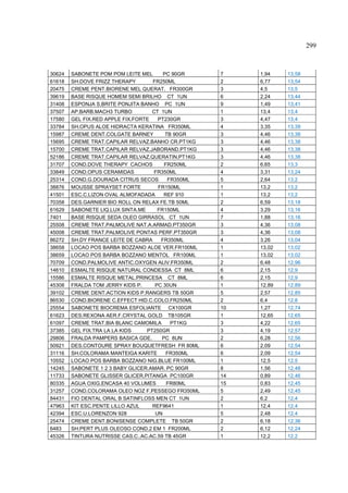 299



30624   SABONETE POM POM LEITE MEL      PC 90GR     7    1,94    13,58
61618   SH.DOVE FRIZZ THERAPY       FR250ML         2    6,77    13,54
20475   CREME PENT.BIORENE MEL QUERAT. FR300GR      3    4,5     13,5
39619   BASE RISQUE HOMEM SEMI BRILHO CT 1UN        6    2,24    13,44
31408   ESPONJA S.BRITE PONJITA BANHO PC 1UN        9    1,49    13,41
37507   AP.BARB.MACH3 TURBO         CT 1UN          1    13,4    13,4
17580   GEL FIX.RED APPLE FIX.FORTE   PT230GR       3    4,47    13,4
33784   SH.OPUS ALOE HIDRACTA KERATINA FR350ML      4    3,35    13,39
15987   CREME DENT.COLGATE BARNEY        TB 90GR    3    4,46    13,38
15695   CREME TRAT.CAPILAR RELVAZ.BANHO CR.PT1KG    3    4,46    13,38
15700   CREME TRAT.CAPILAR RELVAZ.JABORAND.PT1KG    3    4,46    13,38
52186   CREME TRAT.CAPILAR RELVAZ.QUERATIN.PT1KG    3    4,46    13,38
31707   COND.DOVE THERAPY CACHOS         FR250ML    2    6,65    13,3
33849   COND.OPUS CERAMIDAS          FR350ML        4    3,31    13,24
25314   COND.G.DOURADA CITRUS SECOS       FR350ML   5    2,64    13,2
38876   MOUSSE SPRAYSET FORTE         FR150ML       1    13,2    13,2
41501   ESC.C.LIZON OVAL ALMOFADADA     REF 910     1    13,2    13,2
70358   DES.GARNIER BIO ROLL ON RELAX FE.TB 50ML    2    6,59    13,18
61629   SABONETE LIQ.LUX SINTA.ME     FR150ML       4    3,29    13,16
7401    BASE RISQUE SEDA OLEO GIRRASOL CT 1UN       7    1,88    13,16
25508   CREME TRAT.PALMOLIVE NAT.A.ARMAD.PT350GR    3    4,36    13,08
45008   CREME TRAT.PALMOLIVE PONTAS PERF.PT350GR    3    4,36    13,08
86272   SH.DY FRANCE LEITE DE CABRA    FR350ML      4    3,26    13,04
38658   LOCAO POS BARBA BOZZANO ALOE VER.FR100ML    1    13,02   13,02
38659   LOCAO POS BARBA BOZZANO MENTOL FR100ML      1    13,02   13,02
70709   COND.PALMOLIVE ANTIC.OXYGEN ALIV.FR350ML    2    6,48    12,96
14610   ESMALTE RISQUE NATURAL CONDESSA CT 8ML      6    2,15    12,9
15586   ESMALTE RISQUE METAL.PRINCESA CT 8ML        6    2,15    12,9
45308   FRALDA TOM JERRY KIDS P.     PC 30UN        1    12,89   12,89
39102   CREME DENT.ACTION KIDS P.RANGERS TB 50GR    5    2,57    12,85
86530   COND.BIORENE C.EFFECT HID.C.COLO.FR250ML    2    6,4     12,8
25554   SABONETE BIOCREMA ESFOLIANTE CX100GR        10   1,27    12,74
61623   DES.REXONA AER.F.CRYSTAL GOLD TB105GR       1    12,65   12,65
61097   CREME TRAT.BIA BLANC CAMOMILA      PT1KG    3    4,22    12,65
37385   GEL FIX.TRA LA LA KIDS    PT250GR           3    4,19    12,57
29806   FRALDA PAMPERS BASICA GDE.      PC 8UN      2    6,28    12,56
50921   DES.CONTOURE SPRAY BOUQUETFRESH FR 80ML     6    2,09    12,54
31116   SH.COLORAMA MANTEIGA KARITE       FR350ML   6    2,09    12,54
10552   LOCAO POS BARBA BOZZANO NIG.BLUE FR100ML    1    12,5    12,5
14245   SABONETE 1 2 3 BABY GLICER.AMAR. PC 90GR    8    1,56    12,48
11733   SABONETE GLISSER GLICER.PITANGA PC100GR     14   0,89    12,46
80335   AGUA OXIG.ENCASA 40 VOLUMES       FR80ML    15   0,83    12,45
31257   COND.COLORAMA OLEO NOZ F.PESSEGO FR350ML    5    2,49    12,45
84431   FIO DENTAL ORAL B SATINFLOSS MEN CT 1UN     2    6,2     12,4
47963   KIT ESC.PENTE LILLO AZUL    REF9641         1    12,4    12,4
42394   ESC.U.LORENZON 928           UN             5    2,48    12,4
25474   CREME DENT.BONISENSE COMPLETE TB 50GR       2    6,18    12,36
6483    SH.PERT PLUS OLEOSO COND.2 EM 1 FR200ML     2    6,12    12,24
45326   TINTURA NUTRISSE CAS.C..AC.AC.59 TB 45GR    1    12,2    12,2
 