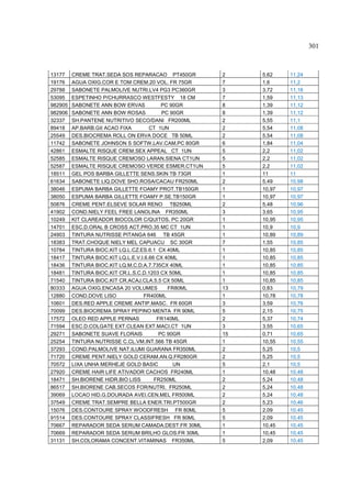 301



13177    CREME TRAT.SEDA SOS REPARACAO PT450GR         2    5,62    11,24
19176    AGUA OXIG.COR E TOM CREM.20 VOL. FR 75GR      7    1,6     11,2
29788    SABONETE PALMOLIVE NUTRI.LV4 PG3 PC360GR      3    3,72    11,16
53095    ESPETINHO P/CHURRASCO WESTFESTY 18 CM         7    1,59    11,13
982905   SABONETE ANN BOW ERVAS             PC 90GR    8    1,39    11,12
982906   SABONETE ANN BOW ROSAS             PC 90GR    8    1,39    11,12
32337    SH.PANTENE NUTRITIVO SECO/DANI FR200ML        2    5,55    11,1
89418    AP.BARB.GII ACAO FIXA         CT 1UN          2    5,54    11,08
25549    DES.BIOCREMA ROLL ON ERVA DOCE TB 50ML        2    5,54    11,08
11742    SABONETE JOHNSON S SOFTW.LAV.CAM.PC 80GR      6    1,84    11,04
42861    ESMALTE RISQUE CREM.SEX APPEAL CT 1UN         5    2,2     11,02
52585    ESMALTE RISQUE CREMOSO LARAN.SIENA CT1UN      5    2,2     11,02
52587    ESMALTE RISQUE CREMOSO VERDE ESMER.CT1UN      5    2,2     11,02
18511    GEL POS BARBA GILLETTE SENS.SKIN TB 73GR      1    11      11
61634    SABONETE LIQ.DOVE SHO.ROSA/CACAU FR250ML      2    5,49    10,98
38046    ESPUMA BARBA GILLETTE FOAMY PROT.TB150GR      1    10,97   10,97
38050    ESPUMA BARBA GILLETTE FOAMY P.SE.TB150GR      1    10,97   10,97
50876    CREME PENT.ELSEVE SOLAR RENO TB250ML          2    5,48    10,96
41902    COND.NIELY FEEL FREE LANOLINA FR350ML         3    3,65    10,95
10249    KIT CLAREADOR BIOCOLOR C/QUITOS. PC 20GR      1    10,95   10,95
14701    ESC.D.ORAL B CROSS ACT.PRO.35 MC CT 1UN       1    10,9    10,9
24903    TINTURA NUTRISSE PITANGA 646 TB 45GR          1    10,89   10,89
18383    TRAT.CHOQUE NIELY MEL CAPUACU SC 30GR         7    1,55    10,85
10784    TINTURA BIOC.KIT LQ.L.CZ.ES.6.1 CX 40ML       1    10,85   10,85
18417    TINTURA BIOC.KIT LQ.L.E.V.I.6.66 CX 40ML      1    10,85   10,85
18436    TINTURA BIOC.KIT LQ.M.C.D.A.7.735CX 40ML      1    10,85   10,85
18481    TINTURA BIOC.KIT CR.L.S.C.D.1203 CX 50ML      1    10,85   10,85
71540    TINTURA BIOC.KIT CR.ACAJ.CLA.5.5 CX 50ML      1    10,85   10,85
80333    AGUA OXIG.ENCASA 20 VOLUMES          FR80ML   13   0,83    10,79
12880    COND.DOVE LISO             FR400ML            1    10,78   10,78
10601    DES.RED APPLE CREME ANTIP.MASC. FR 60GR       3    3,59    10,76
70099    DES.BIOCREMA SPRAY PEPINO MENTA FR 90ML       5    2,15    10,75
17572    OLEO RED APPLE PERNAS            FR140ML      2    5,37    10,74
71594    ESC.D.COLGATE EXT.CLEAN EXT.MACI.CT 1UN       3    3,55    10,65
29271    SABONETE SUAVE FLORAIS            PC 90GR     15   0,71    10,65
25254    TINTURA NUTRISSE C.CL.VM.INT.566 TB 45GR      1    10,55   10,55
37293    COND.PALMOLIVE NAT.ILUMI GUARANA FR350ML      2    5,25    10,5
71720    CREME PENT.NIELY GOLD CERAM.AN.Q.FR280GR      2    5,25    10,5
70572    LIXA UNHA MERHEJE GOLD BASIC           UN     5    2,1     10,5
27920    CREME HAIR LIFE ATIVADOR CACHOS FR240ML       1    10,48   10,48
18471    SH.BIORENE HIDR.BIO LISS        FR250ML       2    5,24    10,48
86517    SH.BIORENE CAB.SECOS FOR/NUTRI. FR250ML       2    5,24    10,48
39069    LOCAO HID.G.DOURADA AVEI.CEN.MEL FR500ML      2    5,24    10,48
37549    CREME TRAT.SEMPRE BELLA ENER.TRI.PT500GR      2    5,23    10,46
15076    DES.CONTOURE SPRAY WOODFRESH FR 80ML          5    2,09    10,45
91514    DES.CONTOURE SPRAY CLASSIFRESH FR 80ML        5    2,09    10,45
70667    REPARADOR SEDA SERUM CAMADA.DEST.FR 30ML      1    10,45   10,45
70669    REPARADOR SEDA SERUM BRILHO GLOS.FR 30ML      1    10,45   10,45
31131    SH.COLORAMA CONCENT.VITAMINAS FR350ML         5    2,09    10,45
 
