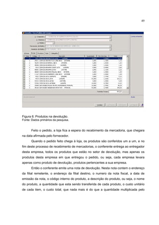49




Figura 6: Produtos na devolução.
Fonte: Dados primários da pesquisa.


      Feito o pedido, a loja fica a espera do recebimento da mercadoria, que chegara
na data afirmada pelo fornecedor.
      Quando o pedido feito chega à loja, os produtos são conferidos um a um, e no
fim deste processo de recebimento de mercadorias, o conferente entrega ao entregador
desta empresa, todos os produtos que estão no setor de devolução, mas apenas os
produtos desta empresa em que entregou o pedido, ou seja, cada empresa levara
apenas como produto de devolução, produtos pertencentes a sua empresa.
      Então o conferente emite uma nota de devolução. Nesta nota contem o endereço
da filial remetente, o endereço da filial destino, o numero da nota fiscal, a data de
emissão da nota, o código interno do produto, a descrição do produto, ou seja, o nome
do produto, a quantidade que esta sendo transferida de cada produto, o custo unitário
de cada item, o custo total, que nada mais é do que a quantidade multiplicada pelo
 