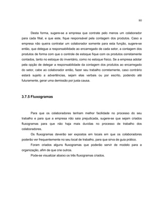 80



      Desta forma, sugere-se a empresa que contrate pelo menos um colaborador
para cada filial, e que este, fique responsável pela contagem dos produtos. Caso a
empresa não queira contratar um colaborador somente para esta função, sugere-se
então, que delegue a responsabilidade ao encarregado de cada setor, a contagem dos
produtos de forma com que o controle de estoque fique com os produtos corretamente
contados, tanto no estoque do inventário, como no estoque físico. Se a empresa adotar
pela opção de delegar a responsabilidade da contagem dos produtos ao encarregado
do setor, cabe ao colaborador então, fazer seu trabalho corretamente, caso contrário
estará sujeito a advertências, sejam elas verbais ou por escrito, podendo até
futuramente, gerar uma demissão por justa causa.




3.7.5 Fluxogramas



      Para que os colaboradores tenham melhor facilidade no processo do seu
trabalho e para que a empresa não saia prejudicada, sugere-se que sejam criados
fluxogramas para que não haja mais duvidas no processo de trabalho dos
colaboradores.
      Os fluxogramas deverão ser expostos em locais em que os colaboradores
poderão ver frequentemente no seu local de trabalho, para que sirva de guia prático.
      Foram criados alguns fluxogramas que poderão servir de modelo para a
organização, afim de que crie outros.
      Pode-se visualizar abaixo os três fluxogramas criados.
 
