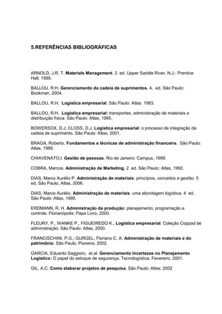 86



5.REFERÊNCIAS BIBLIOGRÁFICAS




ARNOLD, J.R. T. Materials Management. 3 ed. Upper Saddle River, N.J.: Prentice
Hall, 1999.

BALLOU, R.H. Gerenciamento da cadeia de suprimentos. 4. ed. São Paulo:
Bookman, 2004.

BALLOU, R.H. Logística empresarial. São Paulo: Atlas: 1993.

BALLOU, R.H. Logística empresarial: transportes, administração de materiais e
distribuição física. São Paulo: Atlas, 1995.

BOWERSOX, D.J; CLOSS, D.J. Logística empresarial: o processo de integração da
cadeia de suprimento. São Paulo: Atlas, 2001.

BRAGA, Roberto. Fundamentos e técnicas de administração financeira. São Paulo:
Atlas, 1989.

CHIAVENATO,I. Gestão de pessoas. Rio de Janeiro: Campus, 1999.

COBRA, Marcos. Administração de Marketing. 2 ed. São Paulo: Atlas, 1992.

DIAS, Marco Aurélio P. Administração de materiais: princípios, conceitos e gestão. 5
ed. São Paulo, Atlas, 2006.

DIAS, Marco Aurélio. Administração de materiais. uma abordagem logística. 4 ed.
São Paulo: Atlas, 1995.

ERDMANN, R. H. Administração da produção: planejamento, programação e
controle. Florianópolis: Papa Livro, 2000.

FLEURY, P., WANKE P., FIGUEIREDO K., Logística empresarial: Coleção Coppad de
administração. São Paulo: Atlas, 2000.

FRANCISCHINI, P.G.; GURGEL, Floriano C. A. Administração de materiais e do
patrimônio. São Paulo, Pioneira, 2002.

GARCIA, Eduardo Saggioro, et.al. Gerenciamento Incertezas no Planejamento
Logístico: O papel do estoque de segurança, Tecnologística. Fevereiro, 2001.

GIL, A.C. Como elaborar projetos de pesquisa. São Paulo: Atlas; 2002
 
